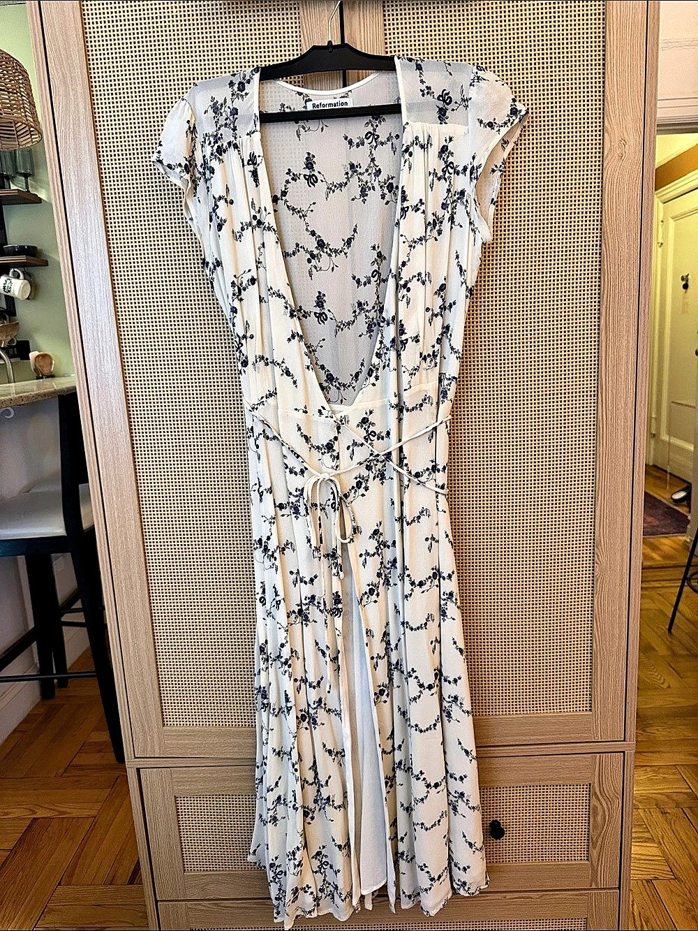 Reformation Carina Dress Floral Wrap Maxi Dress White & Blue Small